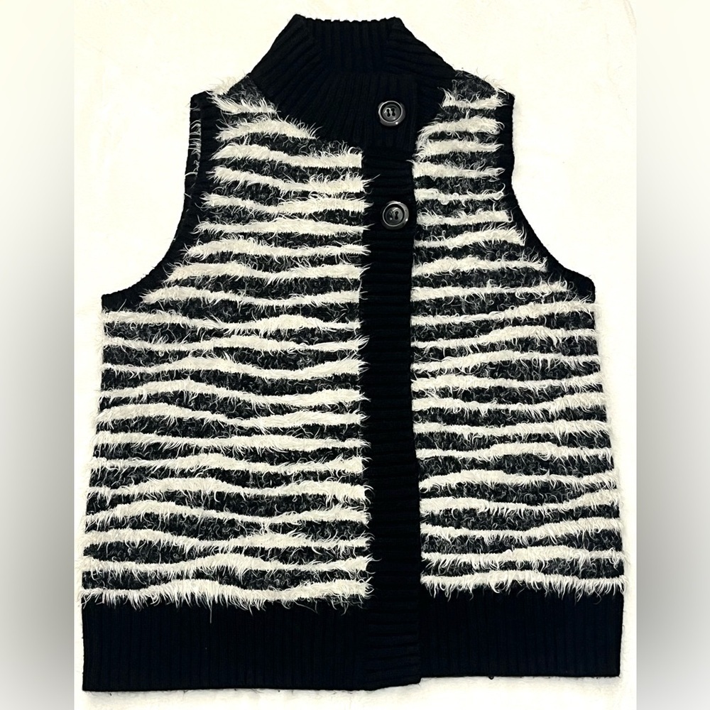 Chico's Women’s Fuzzy Black & White Striped Faux Fur Textured Sweater Vest